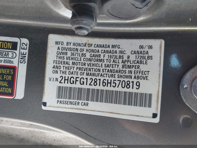Aukcja sprzedaży 2006 Honda Civic Ex, vin: 2HGFG12816H570819, numer aukcji: 46094101