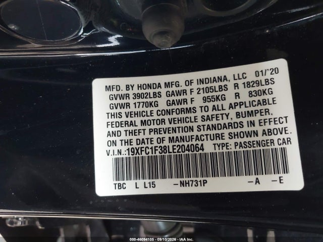 Honda CIVIC EX 2020 19XFC1F38LE204064 Image 9