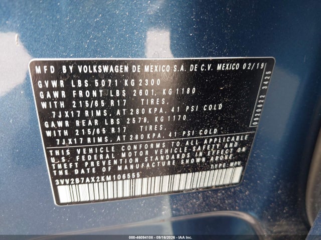 46094108 :رقم المزاد ، 3VV2B7AX2KM106555 vin ، 2019 Volkswagen Tiguan 2.0t Se/2.0t Sel/2.0t Sel R-line/2.0t Sel R-line Black مزاد بيع