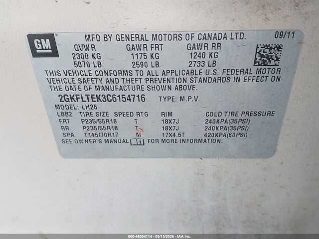 46094114 :رقم المزاد ، 2GKFLTEK3C6154716 vin ، 2012 Gmc Terrain Sle-2 مزاد بيع