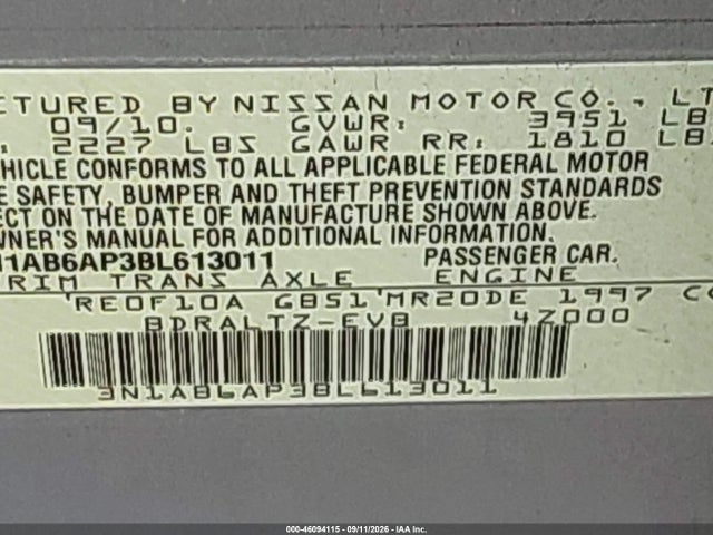 46094115 :رقم المزاد ، 3N1AB6AP3BL613011 vin ، 2011 Nissan Sentra 2.0s مزاد بيع