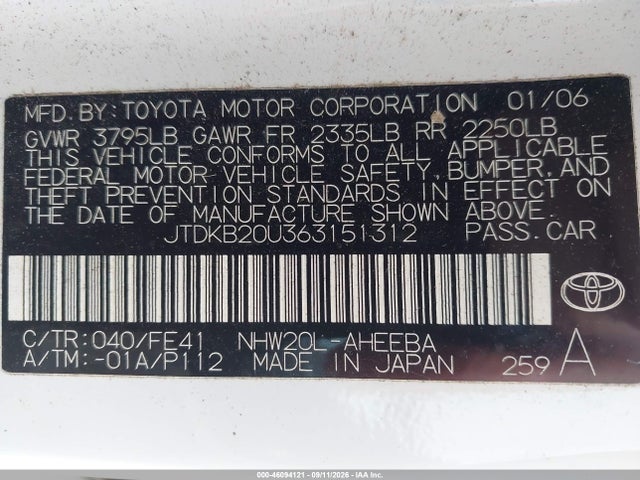 Aukcja sprzedaży 2006 Toyota Prius, vin: JTDKB20U363151312, numer aukcji: 46094121