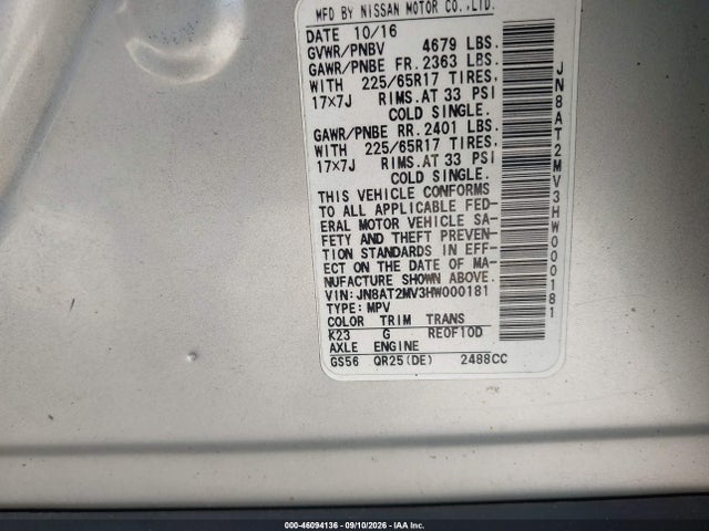 Aukcja sprzedaży 2017 Nissan Rogue S, vin: JN8AT2MV3HW000181, numer aukcji: 46094136