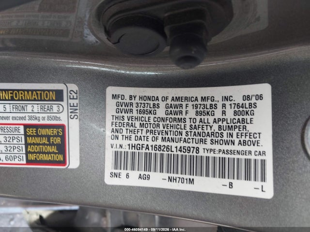 Продаж на аукціоні авто 2006 Honda Civic Ex, vin: 1HGFA16826L145978, номер лоту: 46094149