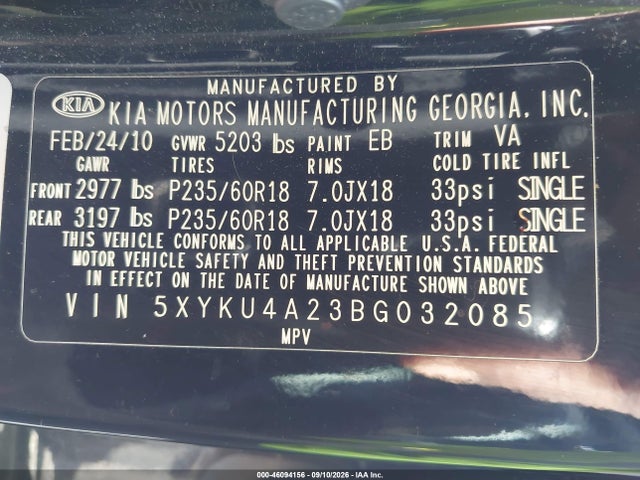 2011 Kia Sorento Ex V6 მანქანა იყიდება აუქციონზე, vin: 5XYKU4A23BG032085, აუქციონის ნომერი: 46094156
