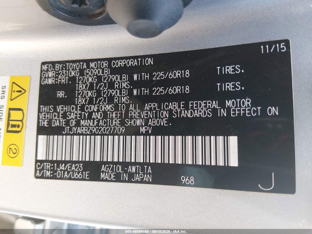 Aukcja sprzedaży 2016 Lexus Nx 200t, vin: JTJYARBZ9G2027709, numer aukcji: 46094160