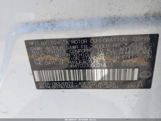 2016 Lexus Is 200t მანქანა იყიდება აუქციონზე, vin: JTHBA1D23G5021833, აუქციონის ნომერი: 46094187