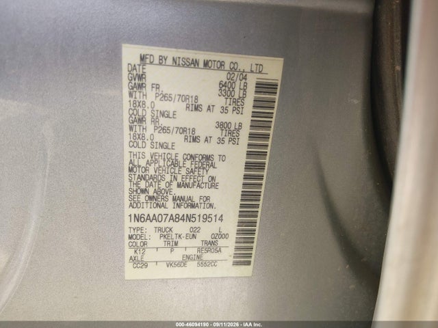Продаж на аукціоні авто 2004 Nissan Titan Se, vin: 1N6AA07A84N519514, номер лоту: 46094190
