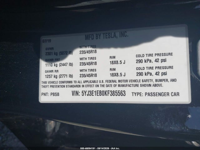 Tesla Model 3 Long Range/performance 2019 5YJ3E1EB0KF385563 Image 9