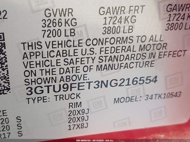 Aukcja sprzedaży 2022 Gmc Sierra 1500 Limited 4wd  Short Box Denali, vin: 3GTU9FET3NG216554, numer aukcji: 46094192