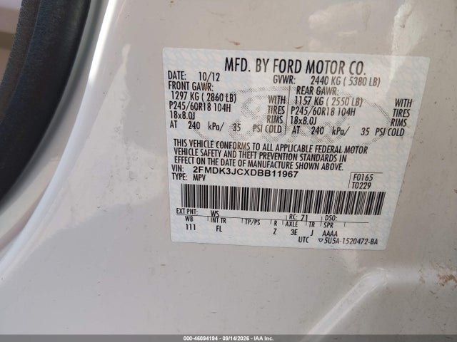 46094194 :رقم المزاد ، 2FMDK3JCXDBB11967 vin ، 2013 Ford Edge Sel مزاد بيع