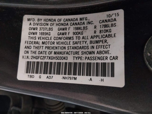 Honda CIVIC EX 2016 2HGFC2F7XGH503043 Image 9