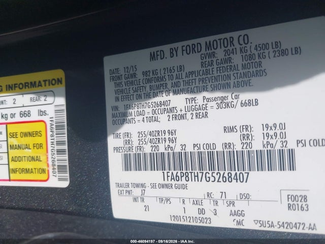 2016 Ford Mustang Ecoboost მანქანა იყიდება აუქციონზე, vin: 1FA6P8TH7G5268407, აუქციონის ნომერი: 46094197