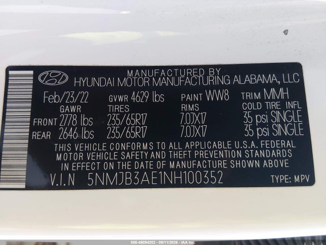 2022 Hyundai Tucson Sel მანქანა იყიდება აუქციონზე, vin: 5NMJB3AE1NH100352, აუქციონის ნომერი: 46094202