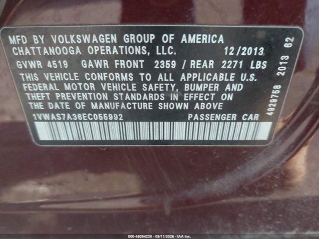 Продажа на аукционе авто 2014 Volkswagen Passat 1.8t Wolfsburg Edition, vin: 1VWAS7A36EC055992, номер лота: 46094220