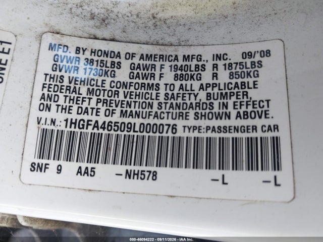 46094222 :رقم المزاد ، 1HGFA46509L000076 vin ، 2009 Honda Civic Gx مزاد بيع