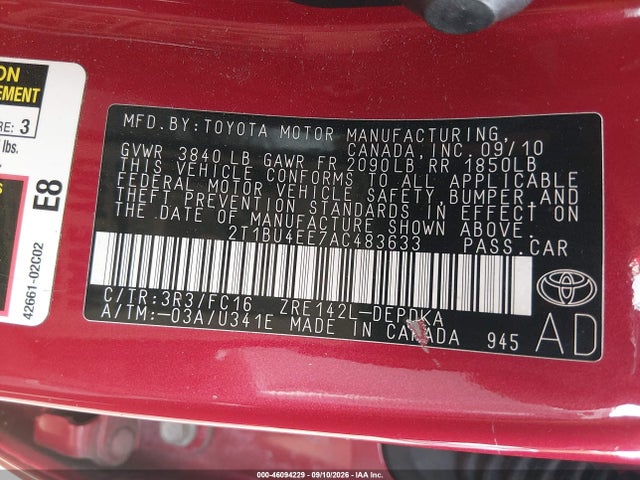 Продажа на аукционе авто 2010 Toyota Corolla Le, vin: 2T1BU4EE7AC483633, номер лота: 46094229