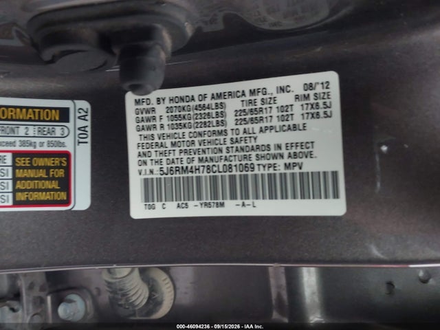 46094236 :رقم المزاد ، 5J6RM4H78CL081069 vin ، 2012 Honda Cr-v Ex-l مزاد بيع