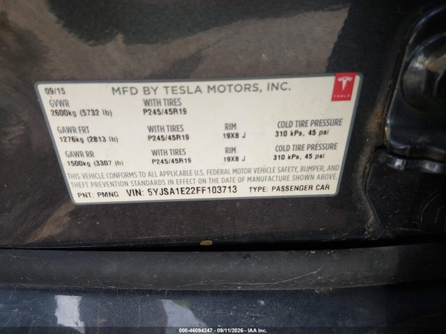 46094247 :رقم المزاد ، 5YJSA1E22FF103713 vin ، 2015 Tesla Model S 70d/85d/p85d مزاد بيع