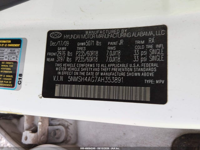 Продаж на аукціоні авто 2010 Hyundai Santa Fe Se, vin: 5NMSH4AG7AH353891, номер лоту: 46094249