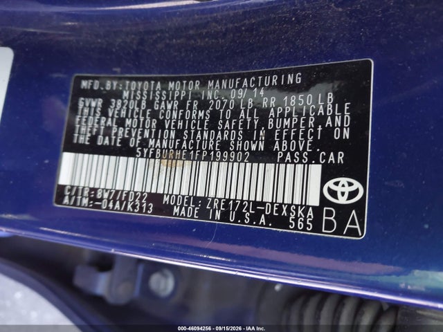 46094256 :رقم المزاد ، 5YFBURHE1FP199902 vin ، 2015 Toyota Corolla S Plus مزاد بيع