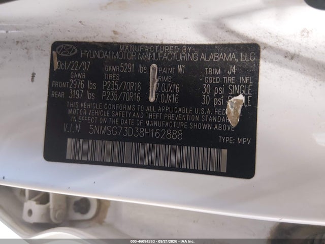 Продажа на аукционе авто 2008 Hyundai Santa Fe Gls, vin: 5NMSG73D38H162888, номер лота: 46094263