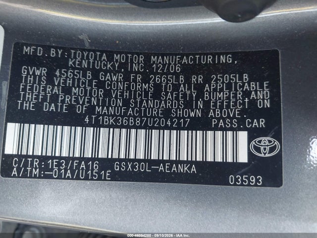 2007 Toyota Avalon Xl მანქანა იყიდება აუქციონზე, vin: 4T1BK36B87U204217, აუქციონის ნომერი: 46094280