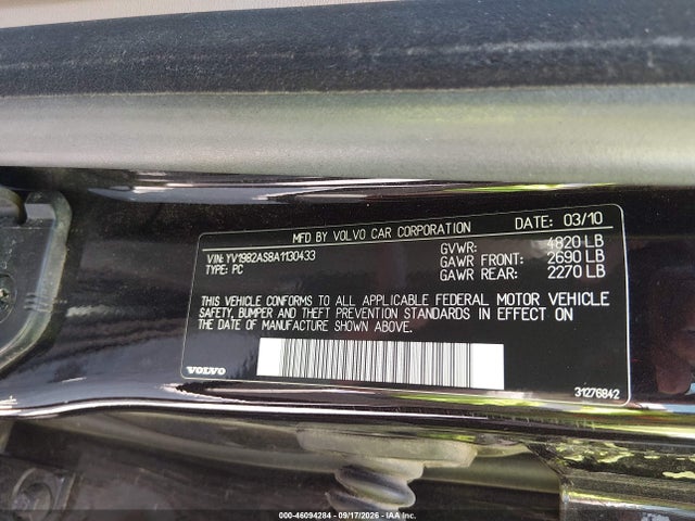 46094284 :رقم المزاد ، YV1982AS8A1130433 vin ، 2010 Volvo S80 3.2 مزاد بيع