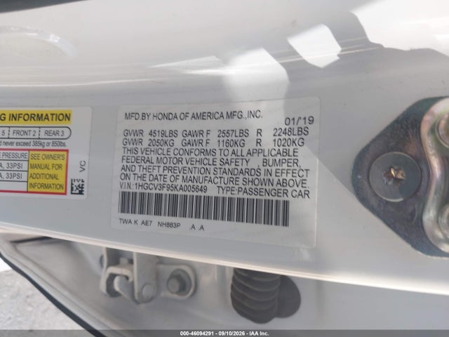 Продаж на аукціоні авто 2019 Honda Accord Hybrid Touring, vin: 1HGCV3F95KA005649, номер лоту: 46094291