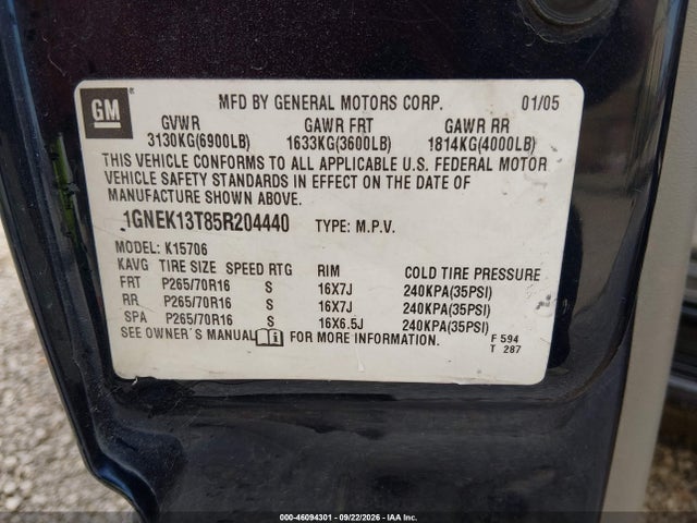 2005 Chevrolet Tahoe Ls მანქანა იყიდება აუქციონზე, vin: 1GNEK13T85R204440, აუქციონის ნომერი: 46094301