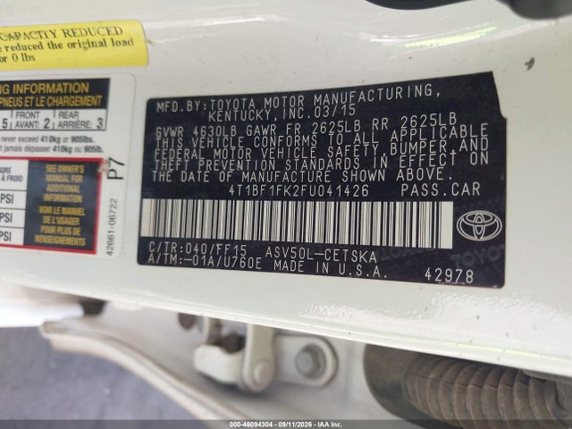 46094304 :رقم المزاد ، 4T1BF1FK2FU041426 vin ، 2015 Toyota Camry Se مزاد بيع