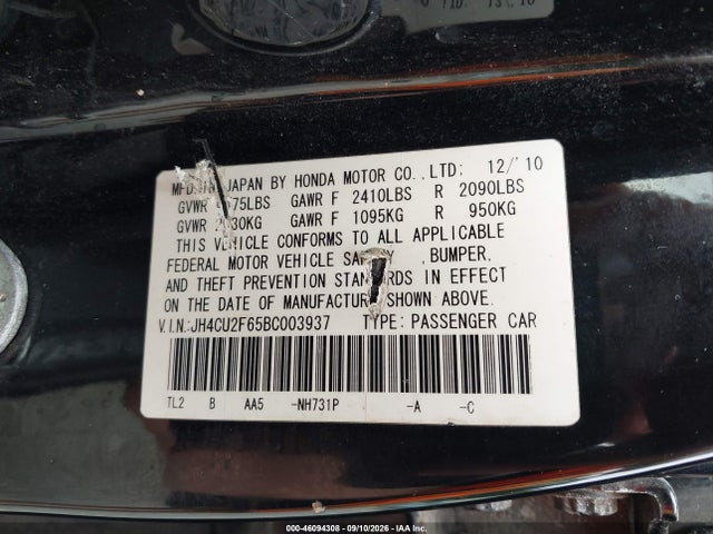 Aukcja sprzedaży 2011 Acura Tsx 2.4, vin: JH4CU2F65BC003937, numer aukcji: 46094308