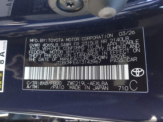 2026 Toyota Corolla Hybrid Hybrid Le მანქანა იყიდება აუქციონზე, vin: JTDBCMFE6T3143967, აუქციონის ნომერი: 46094319