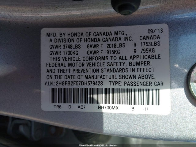 Auction sale of the 2013 Honda Civic Lx, vin: 2HGFB2F57DH579428, lot number: 46094325