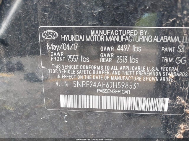 2018 Hyundai Sonata Se მანქანა იყიდება აუქციონზე, vin: 5NPE24AF6JH598531, აუქციონის ნომერი: 46094333