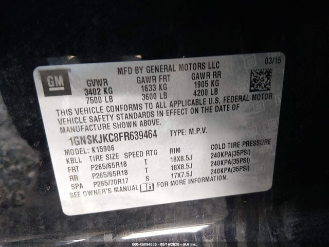 1GNSKJKC8FR639464 Chevrolet Suburban 1500 Lt