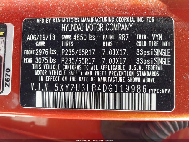 Продаж на аукціоні авто 2013 Hyundai Santa Fe Sport, vin: 5XYZU3LB4DG119986, номер лоту: 46094342