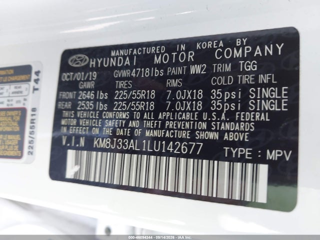 2020 Hyundai Tucson Sel მანქანა იყიდება აუქციონზე, vin: KM8J33AL1LU142677, აუქციონის ნომერი: 46094344