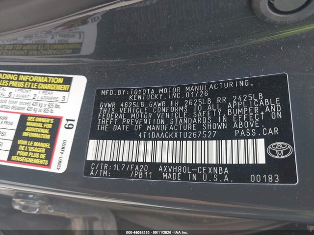 Продаж на аукціоні авто 2026 Toyota Camry Le, vin: 4T1DAACKXTU267527, номер лоту: 46094353