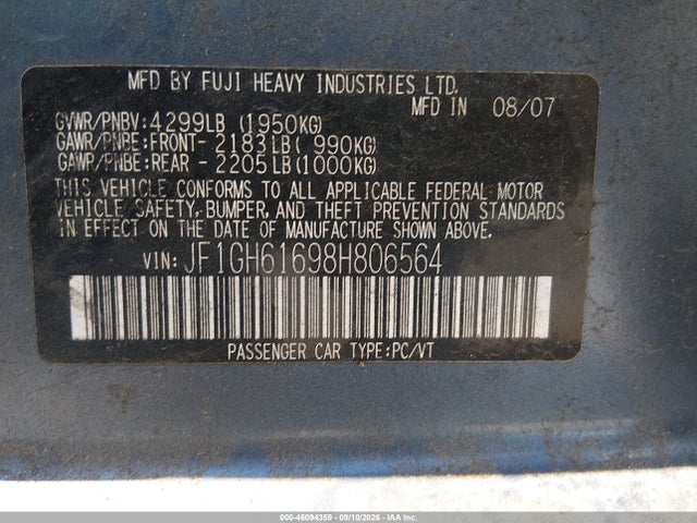 2008 Subaru Impreza 2.5i მანქანა იყიდება აუქციონზე, vin: JF1GH61698H806564, აუქციონის ნომერი: 46094359