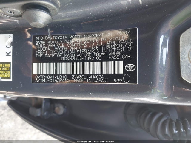 2015 Toyota Prius Five მანქანა იყიდება აუქციონზე, vin: JTDKN3DU7F1892100, აუქციონის ნომერი: 46094363