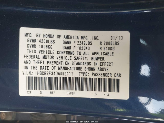 2013 Honda Accord Lx მანქანა იყიდება აუქციონზე, vin: 1HGCR2F34DA090111, აუქციონის ნომერი: 46094401