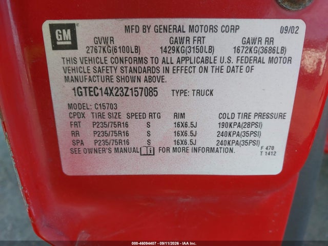 2003 Gmc Sierra 1500 მანქანა იყიდება აუქციონზე, vin: 1GTEC14X23Z157085, აუქციონის ნომერი: 46094407