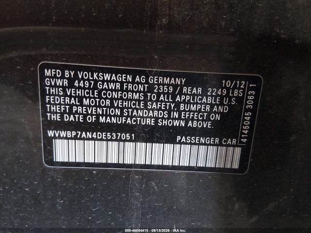 2013 Volkswagen Cc 2.0t Sport Plus მანქანა იყიდება აუქციონზე, vin: WVWBP7AN4DE537051, აუქციონის ნომერი: 46094415
