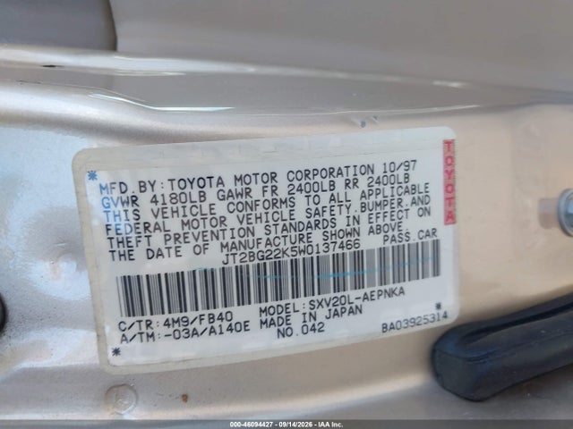 1998 Toyota Camry Le მანქანა იყიდება აუქციონზე, vin: JT2BG22K5W0137466, აუქციონის ნომერი: 46094427
