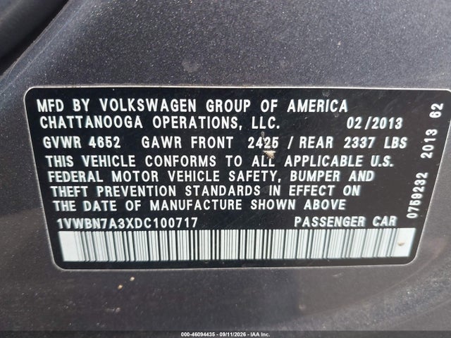 2013 Volkswagen Passat 2.0l Tdi Se მანქანა იყიდება აუქციონზე, vin: 1VWBN7A3XDC100717, აუქციონის ნომერი: 46094435