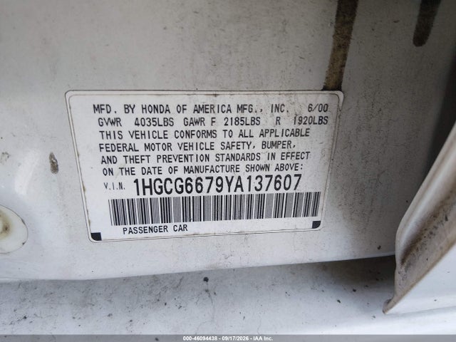 46094438 :رقم المزاد ، 1HGCG6679YA137607 vin ، 2000 Honda Accord 2.3 Ex مزاد بيع