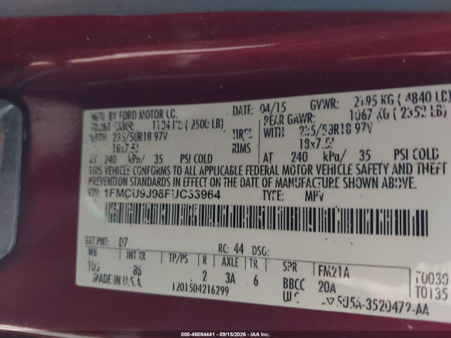 Продаж на аукціоні авто 2015 Ford Escape Titanium, vin: 1FMCU9J98FUC33964, номер лоту: 46094441
