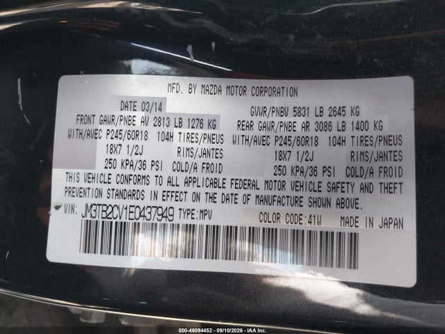Aukcja sprzedaży 2014 Mazda Cx-9 Touring, vin: JM3TB2CV1E0437949, numer aukcji: 46094452