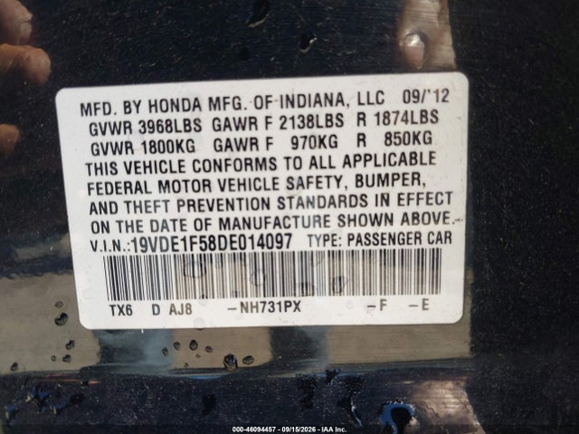 2013 Acura Ilx 2.0l მანქანა იყიდება აუქციონზე, vin: 19VDE1F58DE014097, აუქციონის ნომერი: 46094457
